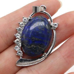 Lapis Lazuli Natural Stone Pendant Vintage Oval Shape with Sparkling Stones